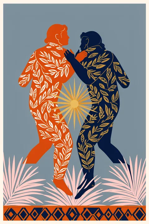 Sisterhood. Two stylized figures in patterned orange and navy clothing face one another above pale grasses, with a yellow sunburst between them.