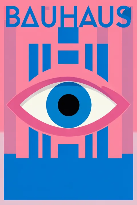 Bauhaus Eye. The word “BAUHAUS” sits above a large blue-and-black eye, framed by bold pink and blue geometric blocks.