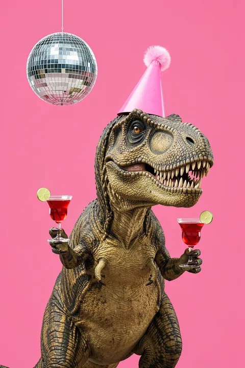 Dino's Disco Bash. A dinosaur in a party hat holds two drinks beneath a hanging disco ball on a bright pink background.