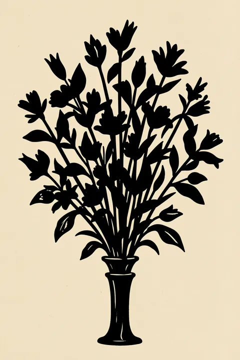 Black Floral Vase. A dense black silhouette of leafy stems and small flowers fills a slender vase on warm cream paper.