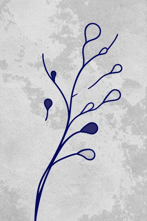 Blue Branch Harmony. A single navy-blue line drawing of a branching plant with looped leaves stands on a mottled light-gray background.