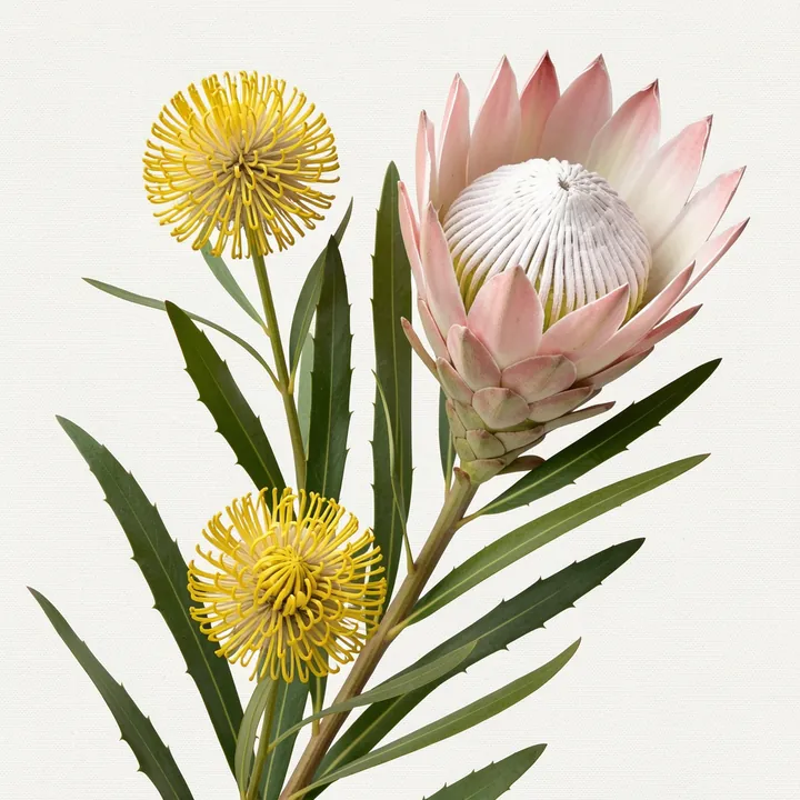 Blush Protea Bouquet. A large pale-pink protea and two round yellow blooms sit among long green leaves on an off-white ground.