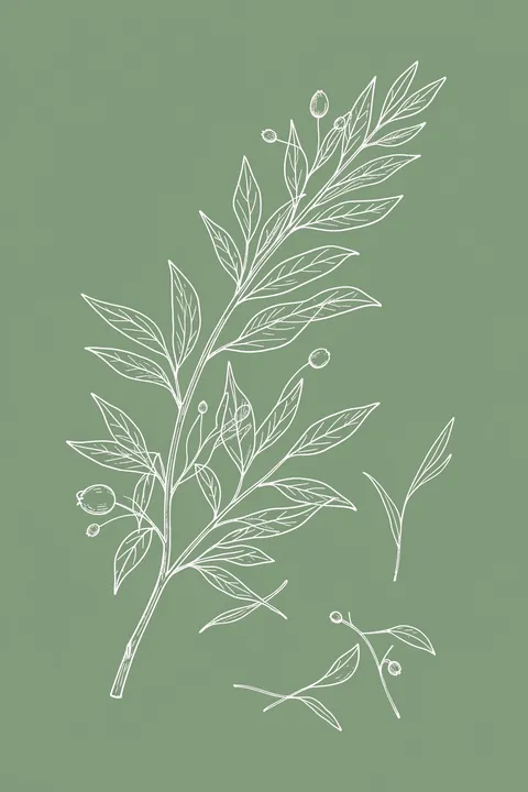 Delicate Berry Branch. Fine white linework depicts a leafy branch with several round berries and small detached sprigs on a muted sage-green field.