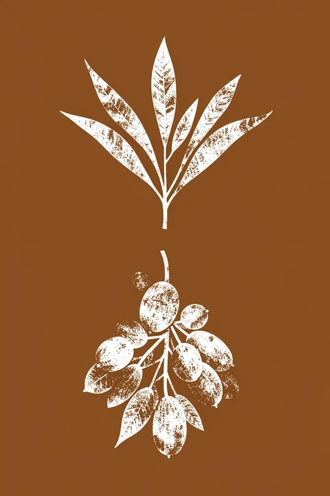 Organic Leaf Silhouettes. Two white botanical silhouettes—a pointed-leaf sprig above and a cluster of oval leaves below—stand against a solid warm-brown background.