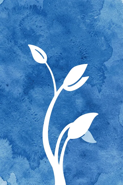 Serene Blue Botanicals. A simple white branching plant with three broad leaves is set against a richly textured cobalt-blue background.