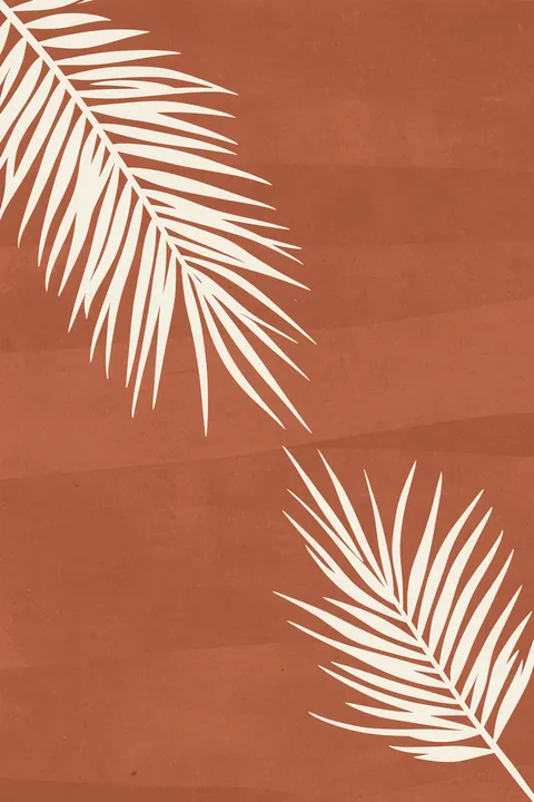 Terracotta Palm Fronds. Two large cream palm fronds enter diagonally from opposite corners of a textured terracotta field.