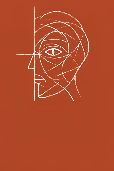 Abstract Terracotta Face. A white continuous-line drawing outlines a geometric face and single eye on a solid terracotta-red background.