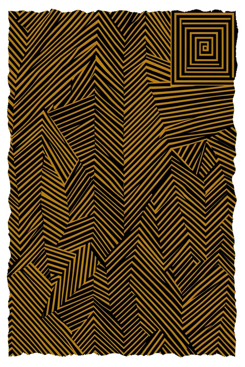 Geometric Maze Pattern. A torn-edged rectangle filled with dense black and ochre lines forms angular maze paths, chevrons, and a square spiral on a pale ground.