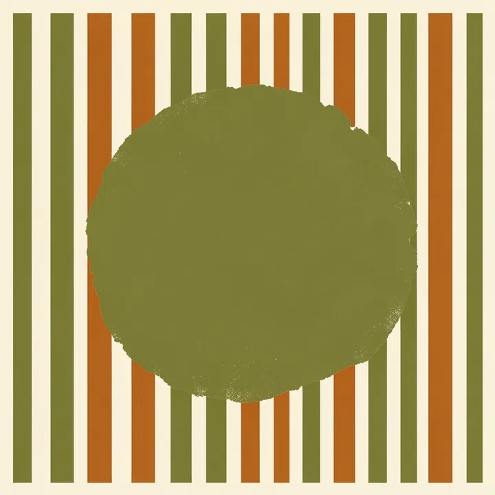 Green Circle Stripes. A large olive-green circle overlaps vertical olive and rust stripes on a pale cream background.