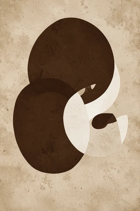 Orbitalesno01. Large overlapping dark-brown circular forms and cream cutouts create an abstract loop composition on textured beige paper.