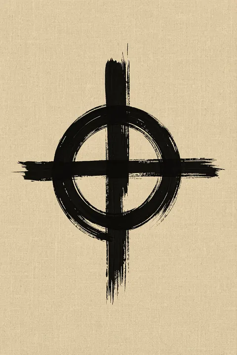 Circle Intersection. A rough black circle and intersecting cross strokes form a centered geometric symbol on textured beige.