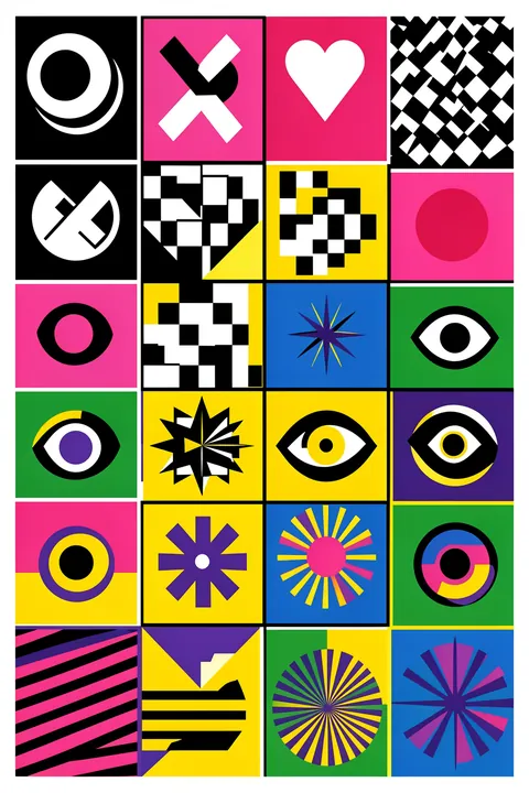 Colorful Abstract Shapes. A grid of vivid pink, yellow, blue, and green panels contains bold geometric symbols including eyes, a heart, circles, stars, checkerboards, and stripes.