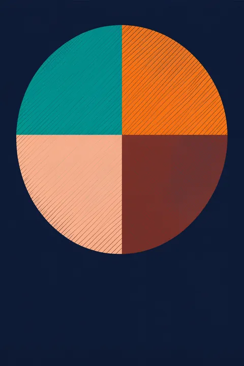 Divided Striped Circle. A large circle divided into four teal, orange, peach, and brown quarters is filled with fine diagonal hatching against deep navy.