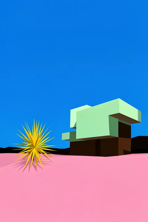 Kaufmann Desert House. A geometric desert-house scene shows an angular green-and-brown building, a spiky yellow plant, a vivid blue sky, and pink ground.