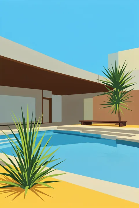 La Stahl House. A low modern house with broad flat rooflines sits beside a bright blue pool, framed by spiky green plants beneath a clear sky.