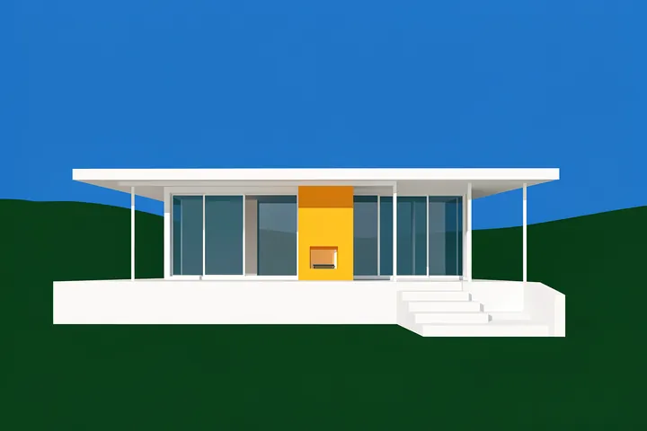 Ludwig Mies Van Der Rohe Farnsworth House. A symmetrical glass-fronted house with a wide white flat roof and yellow central wall stands against dark-green hills and a blue sky.
