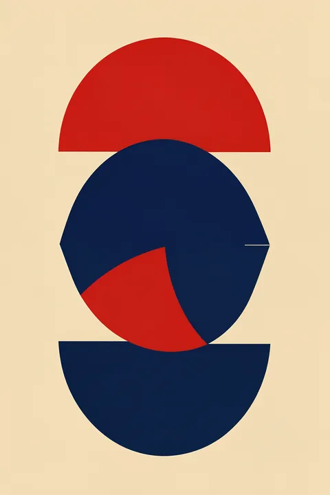 Modern Geometric Arcs. Overlapping red and deep-navy semicircles and curved shapes form a vertical geometric composition on a warm cream field.