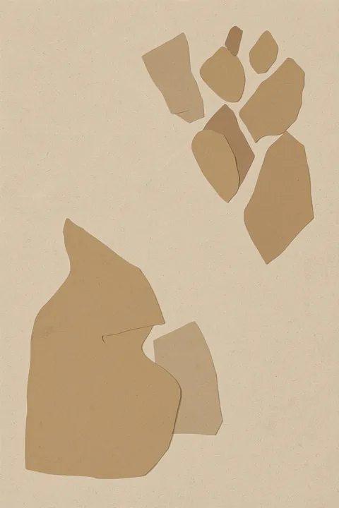 Abstract Beige Flow. Irregular tan paper-like forms cluster along the upper right and lower left, leaving open space across a textured cream background.