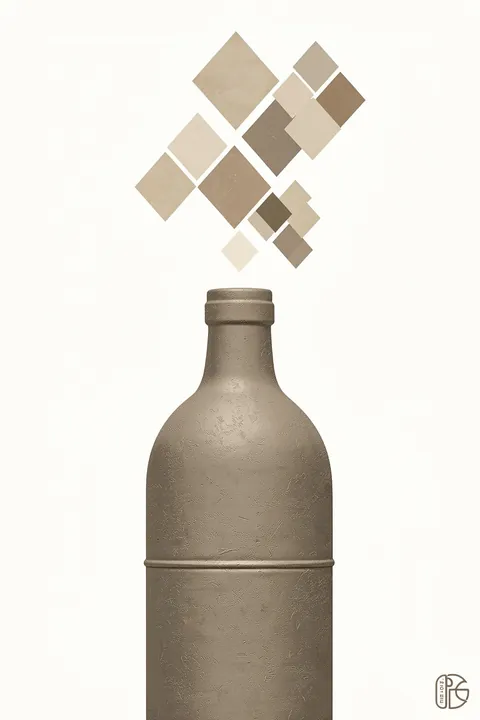 Abstract Geometric Vessel. A textured taupe bottle-shaped vessel sits beneath a cluster of small neutral-colored diamonds on white.