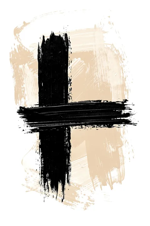 Abstract Paint Strokes. Bold black vertical and horizontal dry-brush strokes cross over loose pale-beige brush marks on a white field.