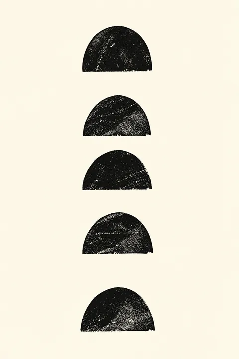 Abstract Stacked Shapes. Five distressed black semicircular forms are stacked vertically in a centered column on pale cream.