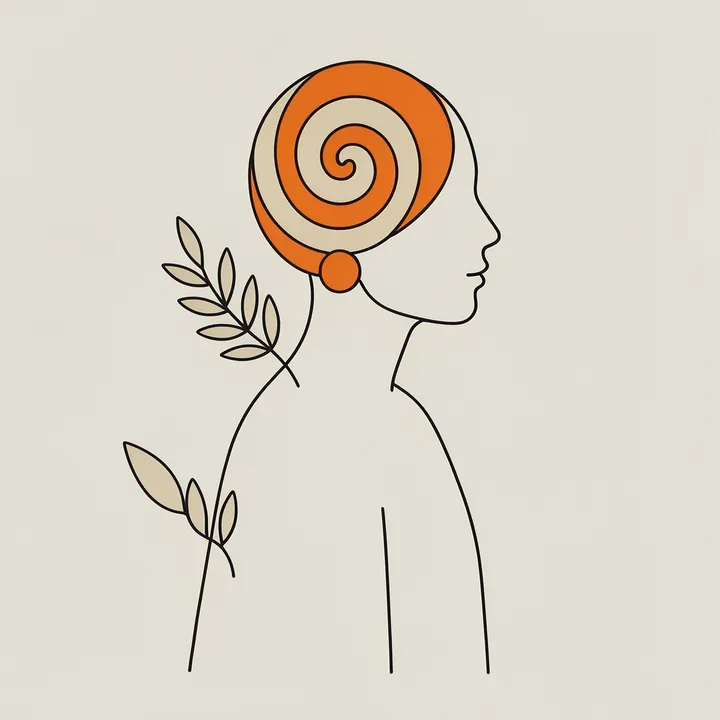 Elegant Line Whirl. Fine black line art depicts a woman in profile with a large orange spiral headpiece and small leafy branches behind her.