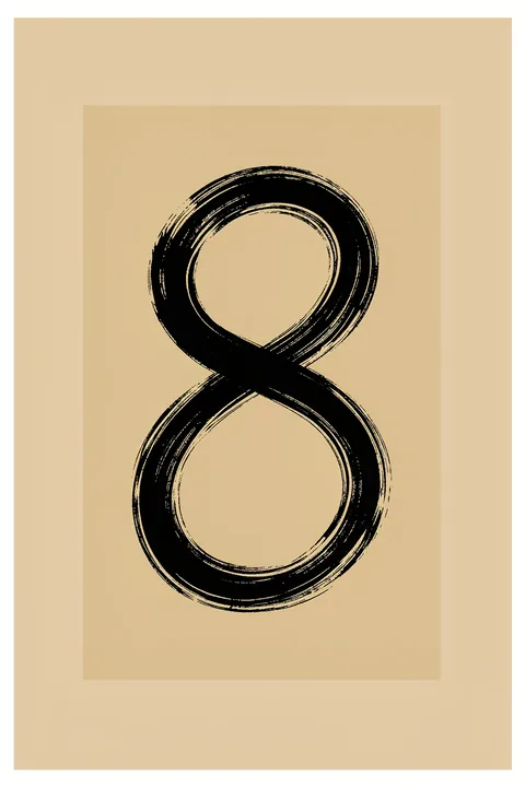 Flowing Abstract Strokes. A rough black brushstroke forms a vertical figure eight against a muted tan rectangular panel.