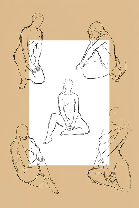 Fluid Figure Line Art. Fine black contour sketches of seated nude figures surround a central seated figure on a warm beige field.