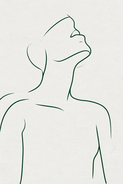 Minimalist Couple Embrace. A single dark-green continuous line outlines a person’s upturned face, neck, and shoulders on textured ivory.