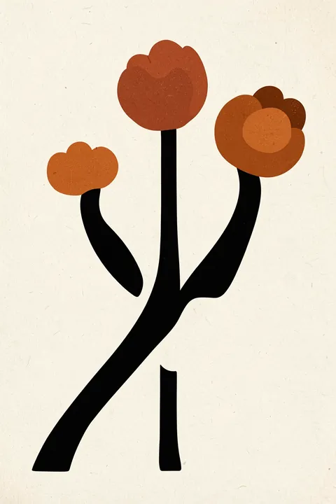 Modern Flower 02. Three rust-orange stylized flowers with rounded layered petals rise on bold black stems against textured ivory.