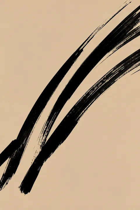 Monochrome Waves. Several broad black dry-brush arcs sweep diagonally upward across a warm tan background.