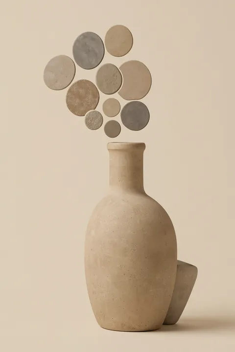 Organic Abstract Vase. A rounded textured beige vase stands beneath a cluster of floating neutral-toned circles on a pale background.