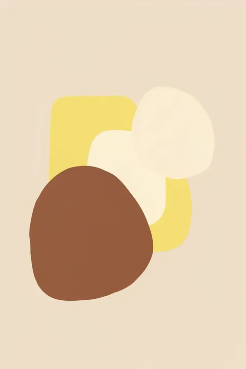 Soft Abstract Shapes. Overlapping soft-edged shapes in brown, yellow, cream, and pale peach form a compact abstract composition.