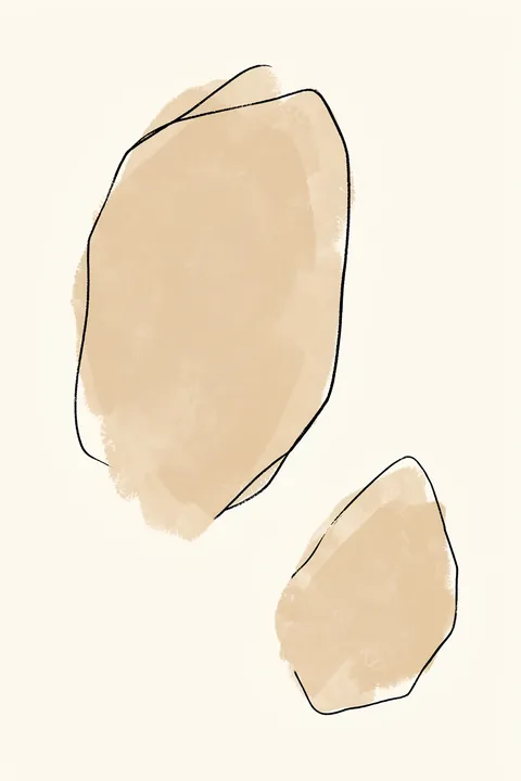 Soft Beige Shapes And Fluid Black Lines. Two irregular pale-beige shapes outlined in black sit over loose translucent beige brush marks on white.