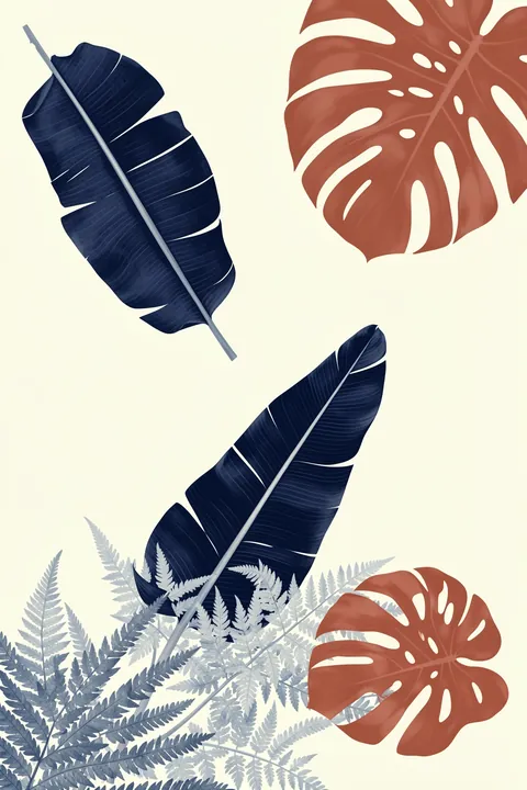 Tropical Leaf Medley. Large navy and terracotta tropical leaves overlap a pale background, with delicate gray fern fronds filling the lower edge.