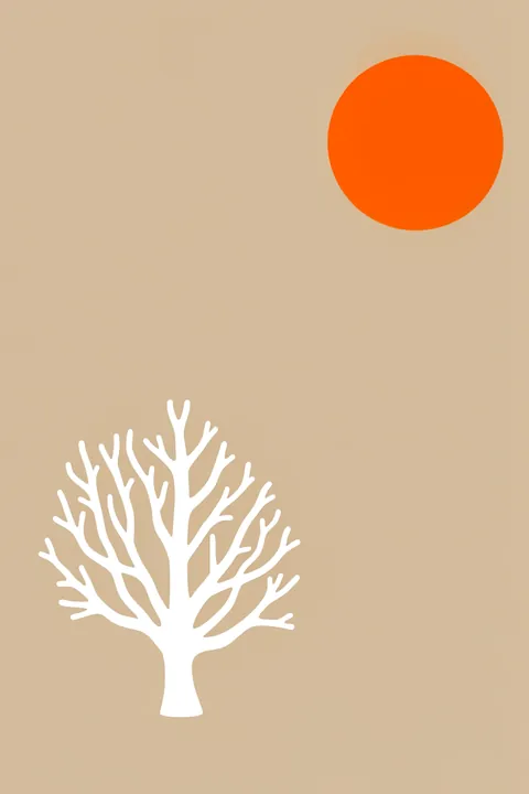 Warm Sun Coral. A bright orange circle floats above a white branching coral-like silhouette on a warm tan field.