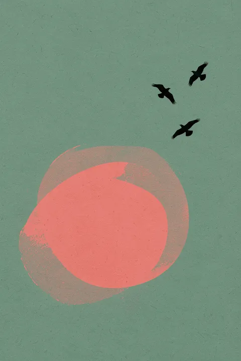 A Beautiful Day. Three black birds fly above overlapping pink circular brush forms on a textured sage-green background.