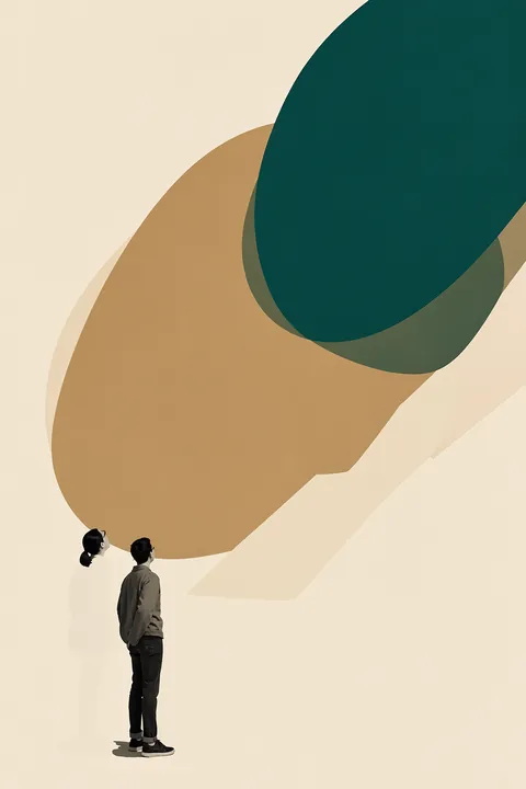 A thousand stories to tell you. Two small standing figures look up at enormous overlapping teal and ochre abstract shapes on a pale ground.
