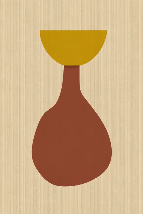 Abstract Balance. A simple geometric form combines a golden bowl-like semicircle, a narrow rust-red stem, and a rounded base on textured beige.