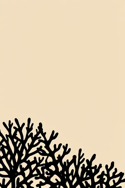 Abstract Botanical Shapes. A dense black branching coral-like silhouette spreads across the lower-left corner of a warm tan field.