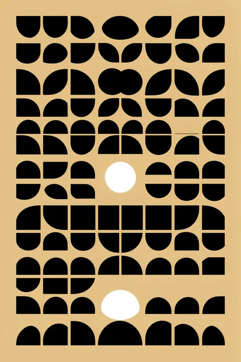 Abstract Geometric Forms. A grid of black semicircles, quarter-circles, and other geometric pieces fills a tan field, interrupted by two white circles.