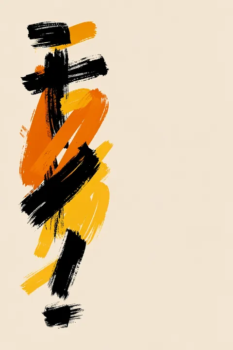 Abstract Golden Maze. Rough black, orange, and golden-yellow brushstrokes overlap vertically on a pale cream background.