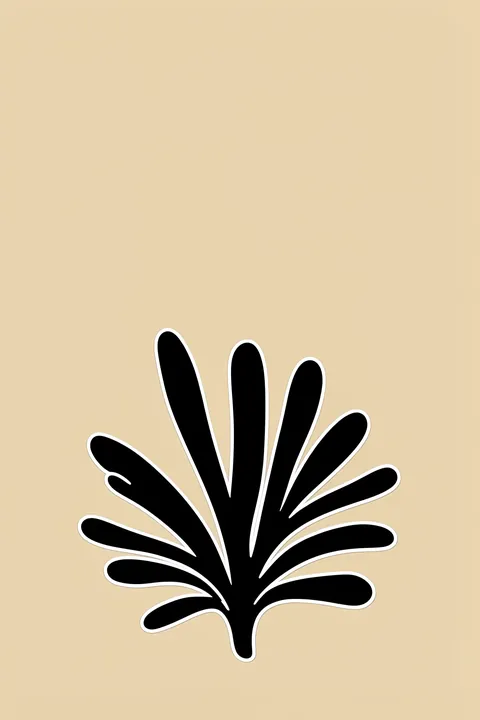 Abstract Leaf Lines. A bold black branching leaf silhouette with a thin white outline spreads upward from the lower center on tan.