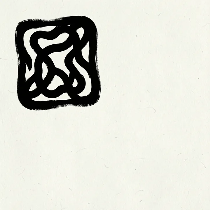 Abstract Melody. Interwoven black ribbon-like lines fill a rough-edged rounded square on textured ivory.