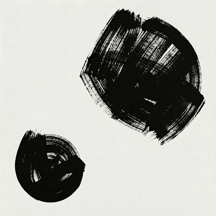 Abstract Melody No3. Two separate circular black brush marks, one large and one small, sit on a lightly textured white ground.