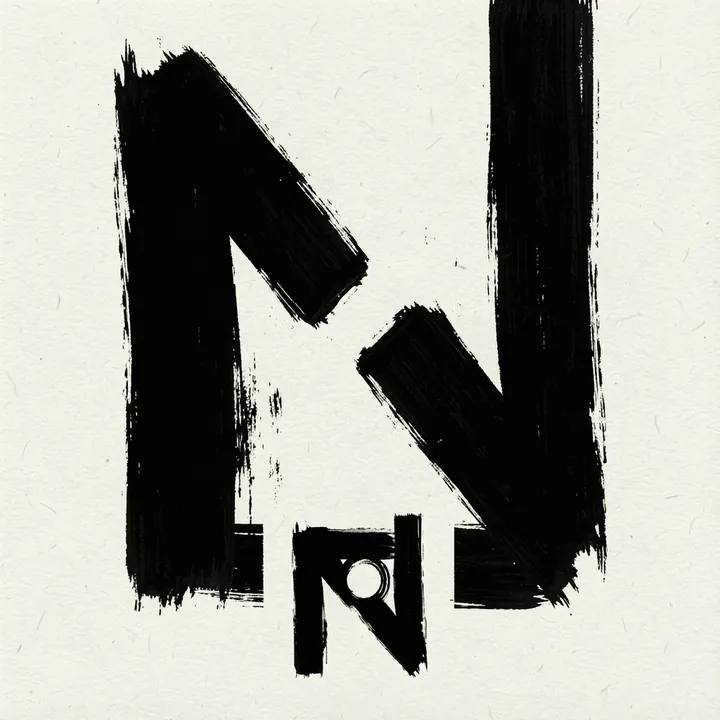 Abstract Melody No4. Blocky black brush marks form an angular, broken vertical composition with a small circular opening near the center.