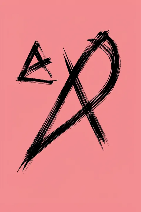 Abstract Pink Geometry. Black dry-brush lines form an angular triangle and a large crossing loop on a solid pink background.