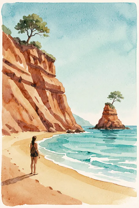 Algarve Coastal Walk. A figure walks along a sandy beach beneath orange cliffs, with turquoise water, a rocky islet, and a small tree.