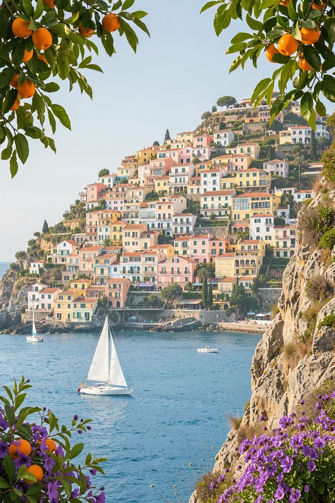Amalfi. A hillside town overlooks blue water and a sailboat, framed by orange-bearing branches and purple flowers.