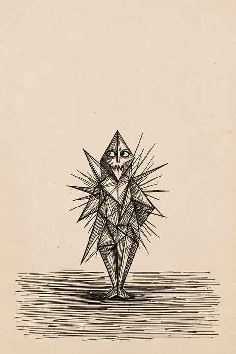 Ass Esel 1925. A sharply angular, spiky figure drawn in fine black lines stands above horizontal ground marks on aged beige paper.